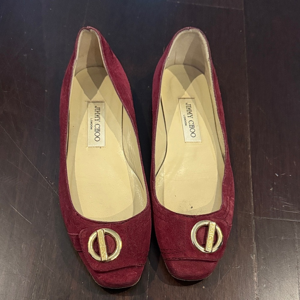 Jimmy Choo Burgundy Suede Loafers with Gold Accent
